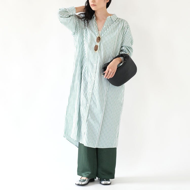 stripe gather shoulder wide one-piece ストライプギャザーショルダーワイドワンピース