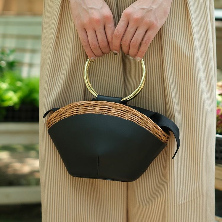 レザー×ウィッカー リングハンドバッグ