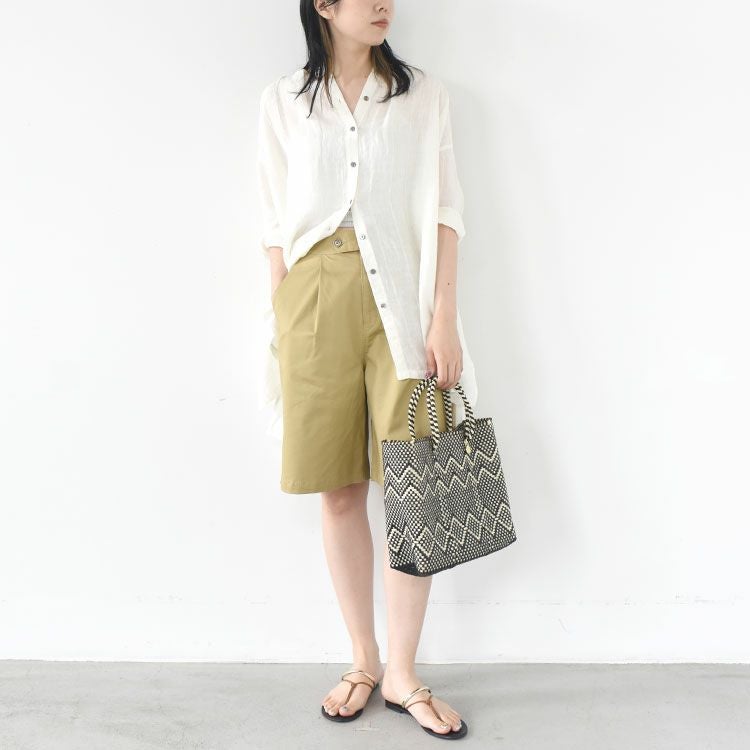 リネンサッカーバンドカラーロングブラウス