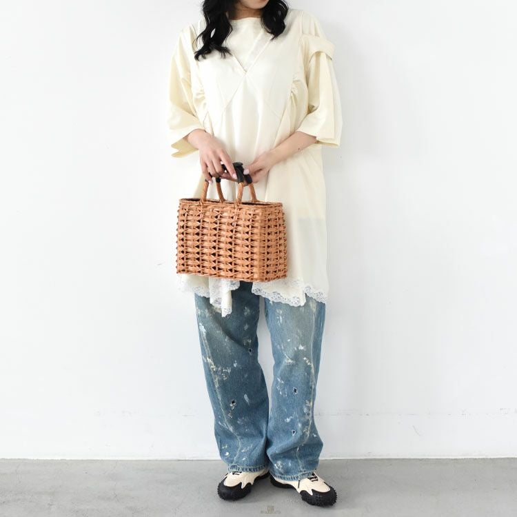 ウィッカー×レザー スクエアカゴバッグ