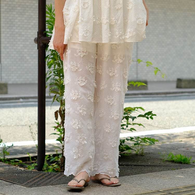 sheer cotton 3D embroidery easy pants シアーコットン3Dエンブロイダリーイージーパンツ
