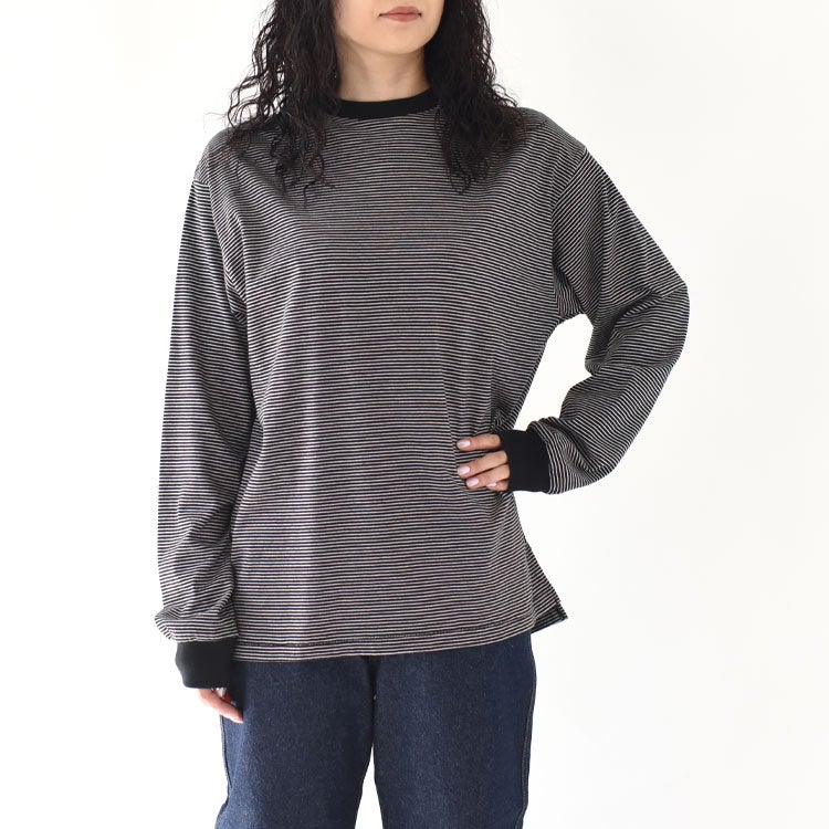 ナローボーダー　サイドスリット　クルーネック長袖Tシャツ