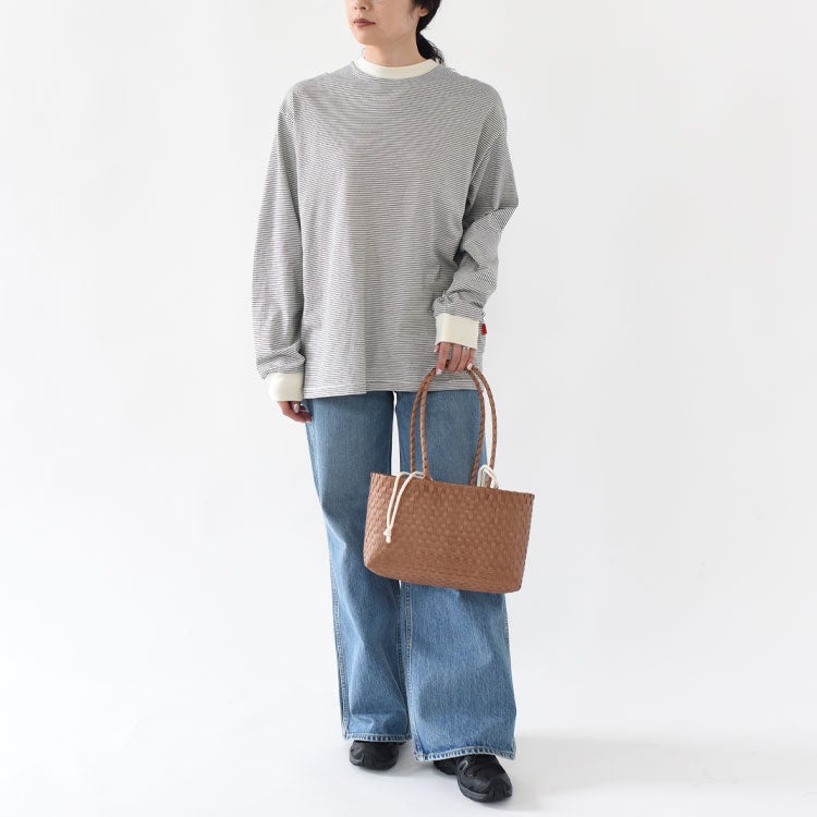 ナローボーダー　サイドスリット　クルーネック長袖Tシャツ