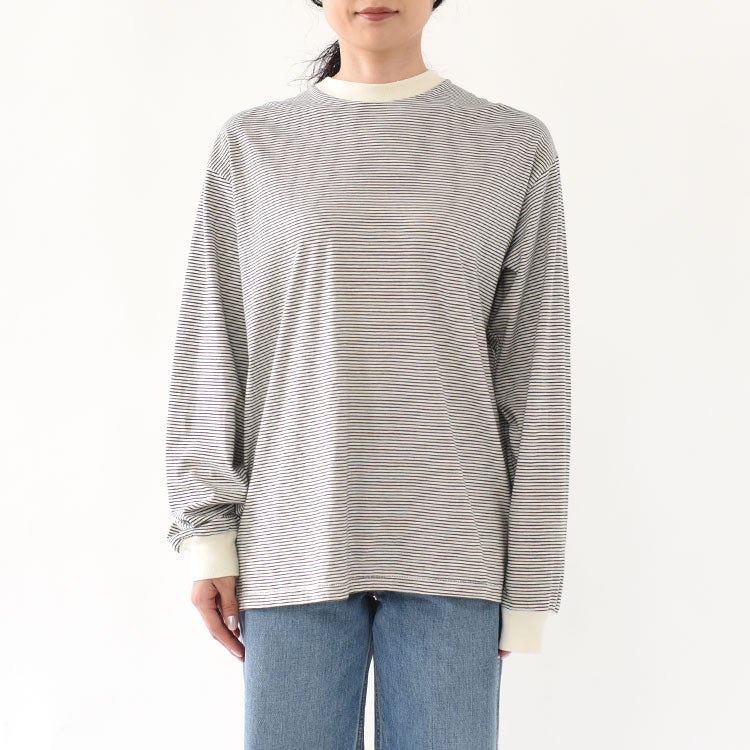 ナローボーダー　サイドスリット　クルーネック長袖Tシャツ