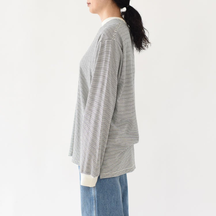 ナローボーダー　サイドスリット　クルーネック長袖Tシャツ