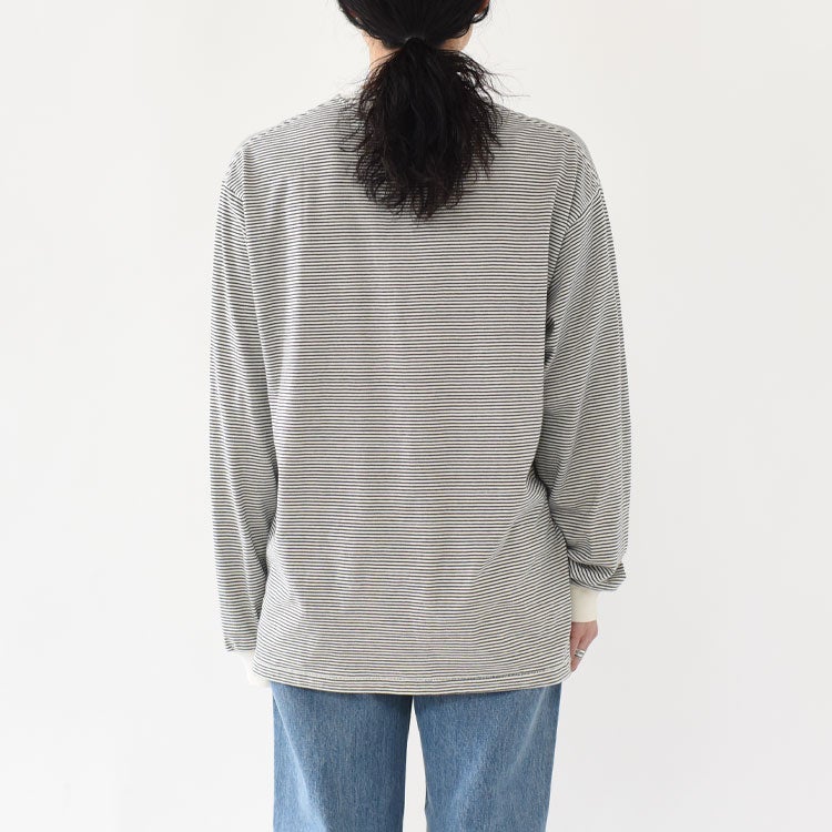 ナローボーダー　サイドスリット　クルーネック長袖Tシャツ