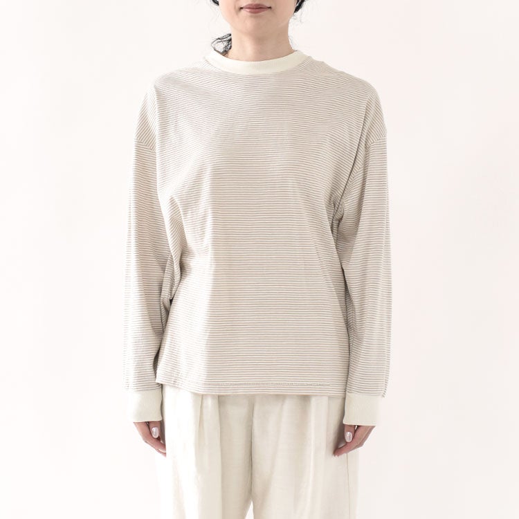 ナローボーダー　サイドスリット　クルーネック長袖Tシャツ