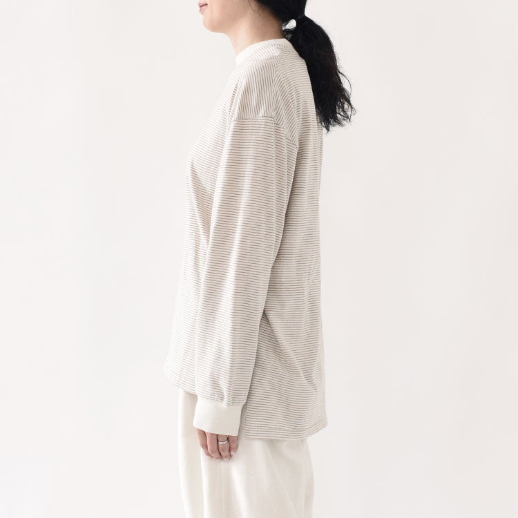 ナローボーダー　サイドスリット　クルーネック長袖Tシャツ