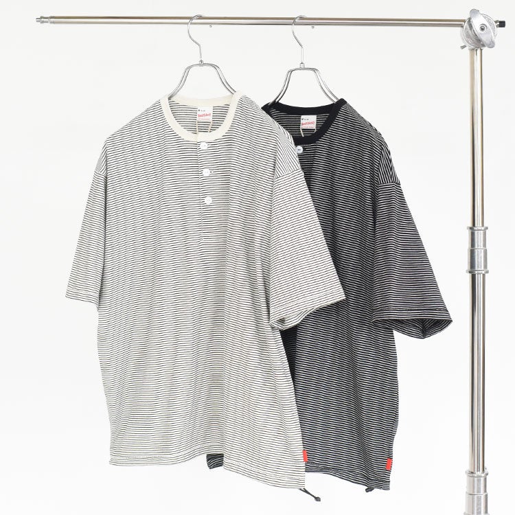ナローボーダー　ワイドヘンリーネック半袖Tシャツ