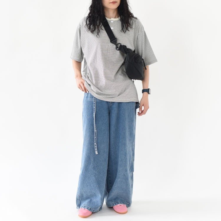 ナローボーダー　ワイドヘンリーネック半袖Tシャツ