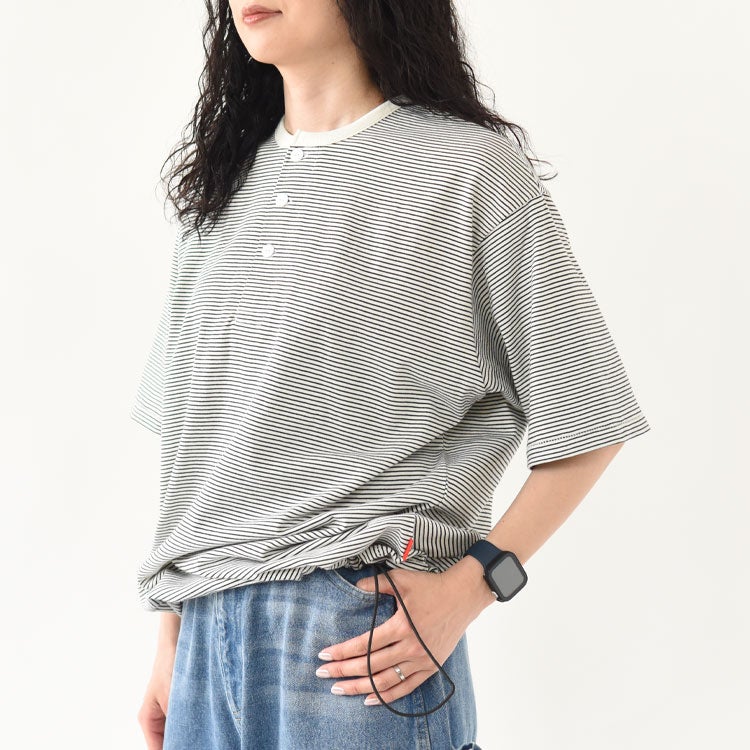 ナローボーダー　ワイドヘンリーネック半袖Tシャツ