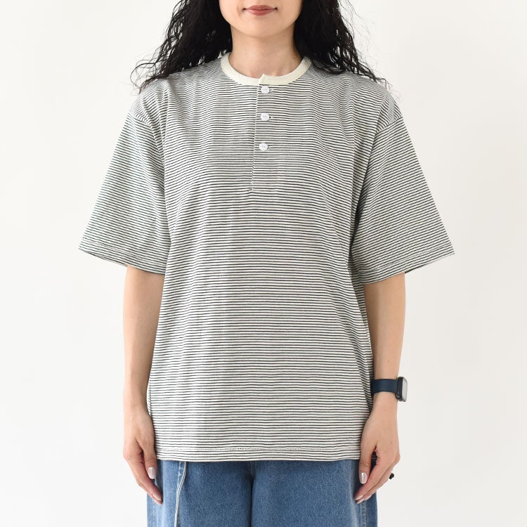 ナローボーダー　ワイドヘンリーネック半袖Tシャツ