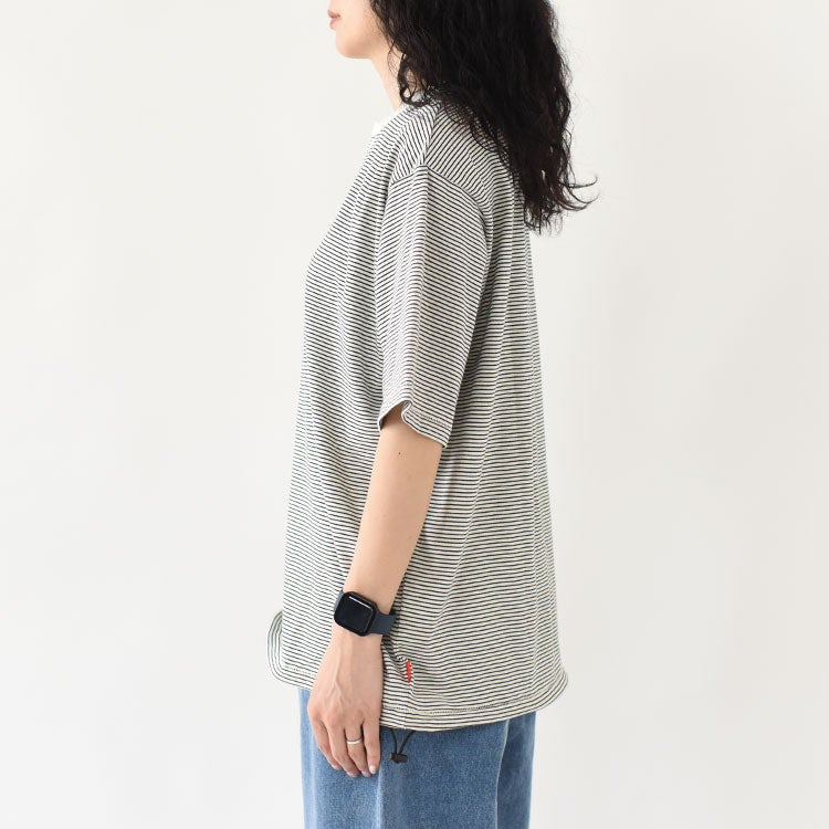 ナローボーダー　ワイドヘンリーネック半袖Tシャツ