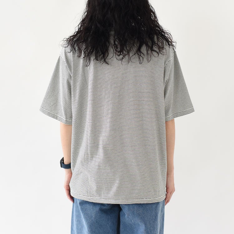 ナローボーダー　ワイドヘンリーネック半袖Tシャツ