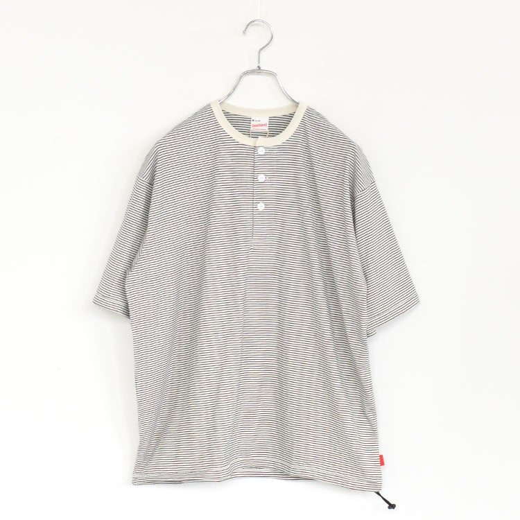 ナローボーダー　ワイドヘンリーネック半袖Tシャツ