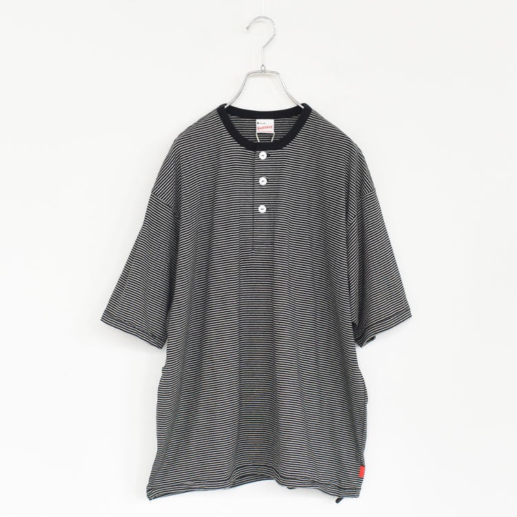 ナローボーダー　ワイドヘンリーネック半袖Tシャツ