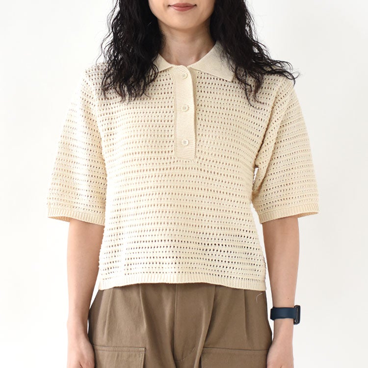 Sheer open-knit polo pullover シアーオープンニットポロプルオーバー