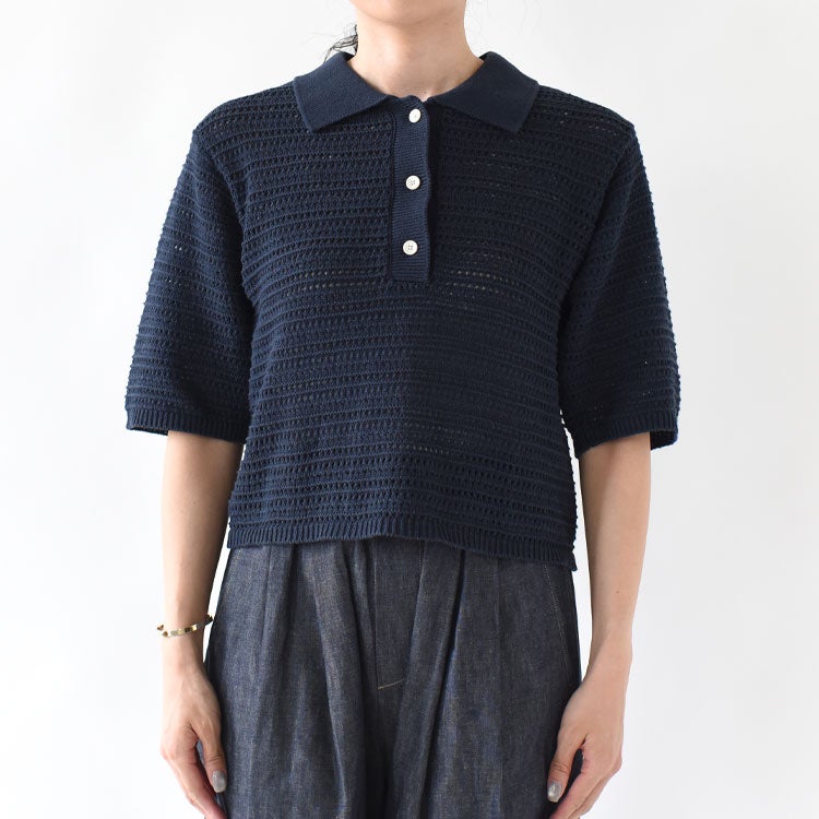 Sheer open-knit polo pullover シアーオープンニットポロプルオーバー