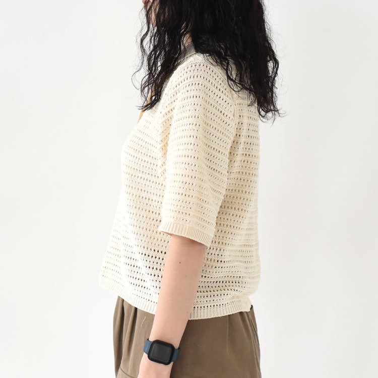 Sheer open-knit polo pullover シアーオープンニットポロプルオーバー