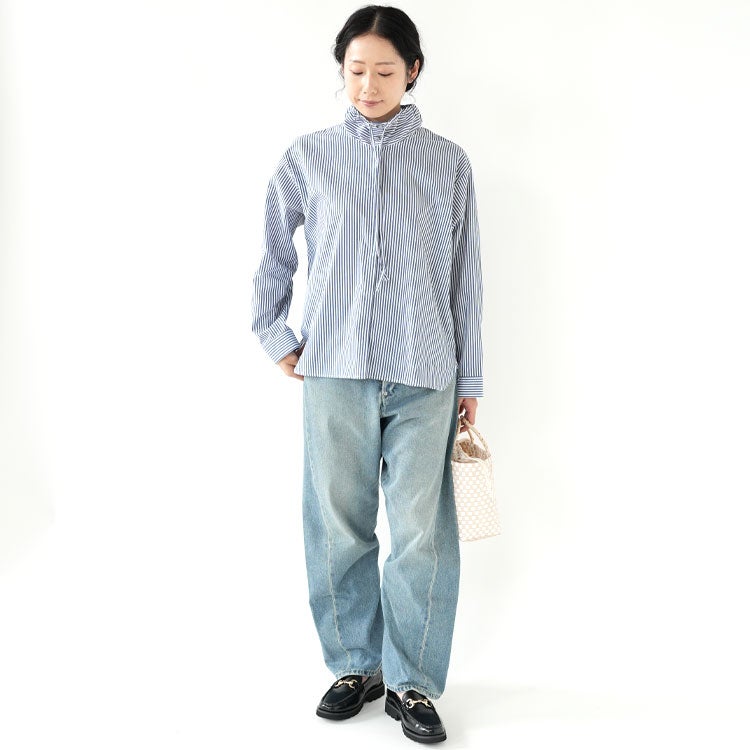 STRIPE GATHER NECK SHIRT ストライプギャザーネックシャツ
